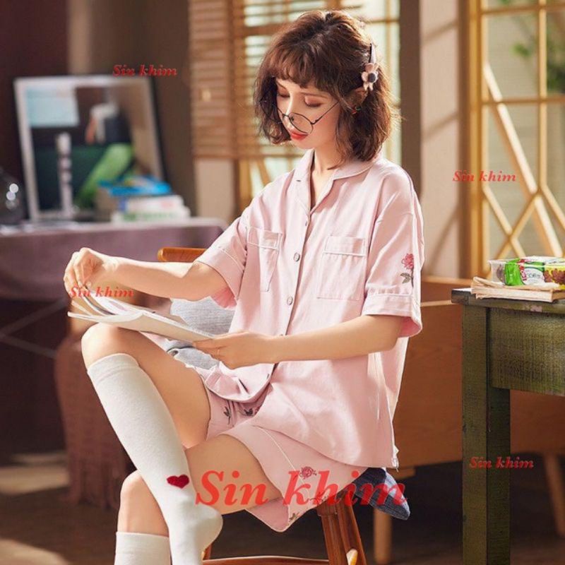 Setelan baju tidur piyama import lucu viral HP K hotpant kerah kancing bahan kaos katun big size jum