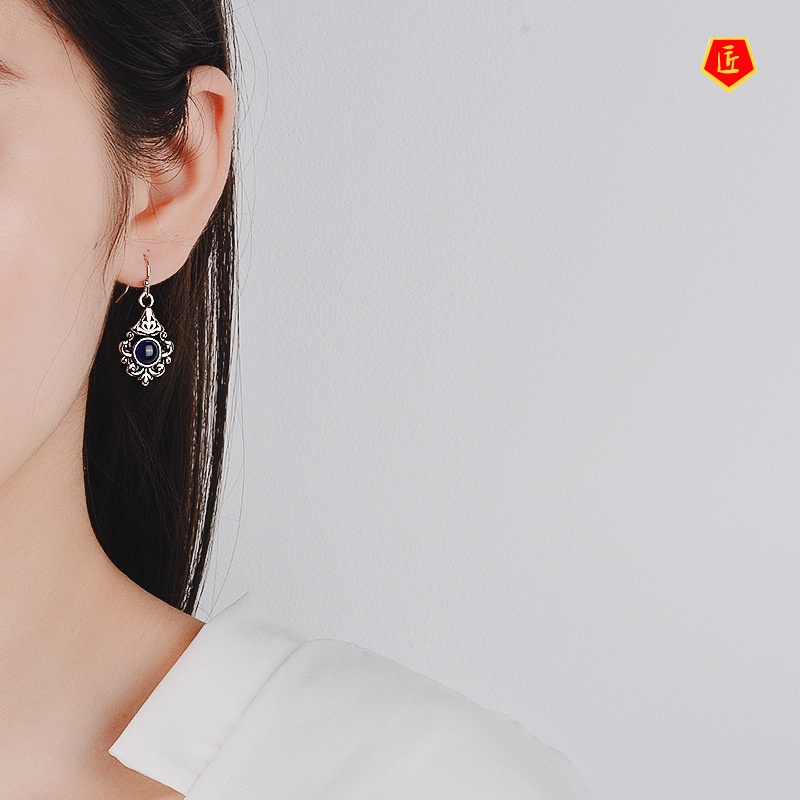 [Ready Stock]New Inlaid Sapphire Flower Earrings Retro S925 Silver