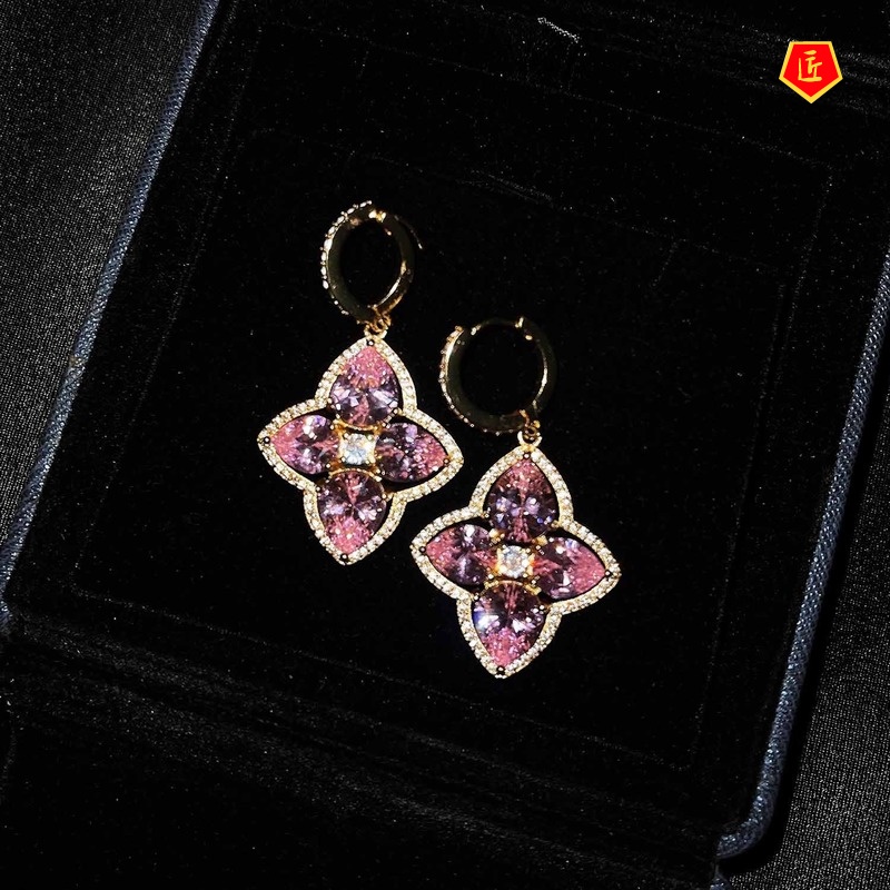 [Ready Stock]Vintage Pink Gemstone Flower Earrings