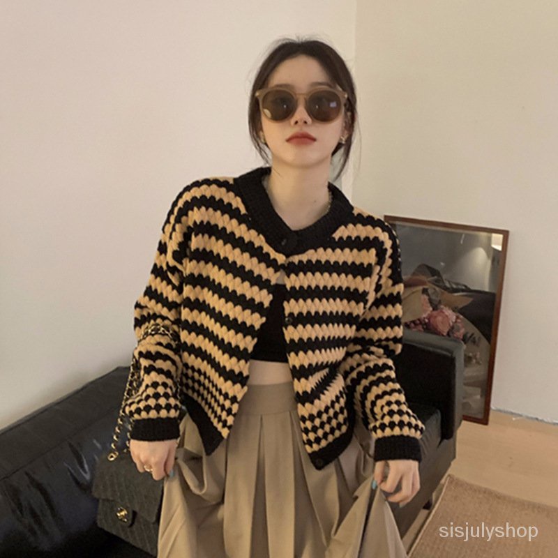 #Sisjuly# Wanita Retro Striped Knit Cardigan Fashion Wanita Musim Gugur dan Musim Dingin Longgar Des