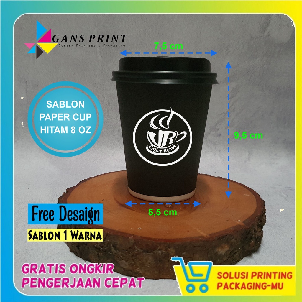 SABLON PAPER CUP 8 OZ WARNA HITAM + TUTUP CETAK 1 WARNA