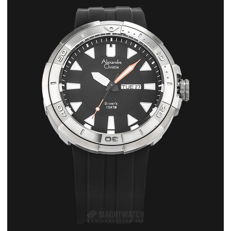 Alexandre Christie Diver Watch 10ATM W.R AC 6427 ME RSSSBA Men Black Dial Black Rubber Strap