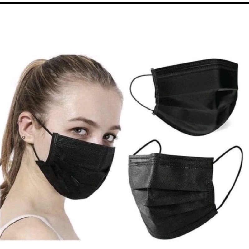 MASKER EARLOOP 3 PLY HITAM &amp; BIRU ISI 50 PCS / BOX ...FREE BOX