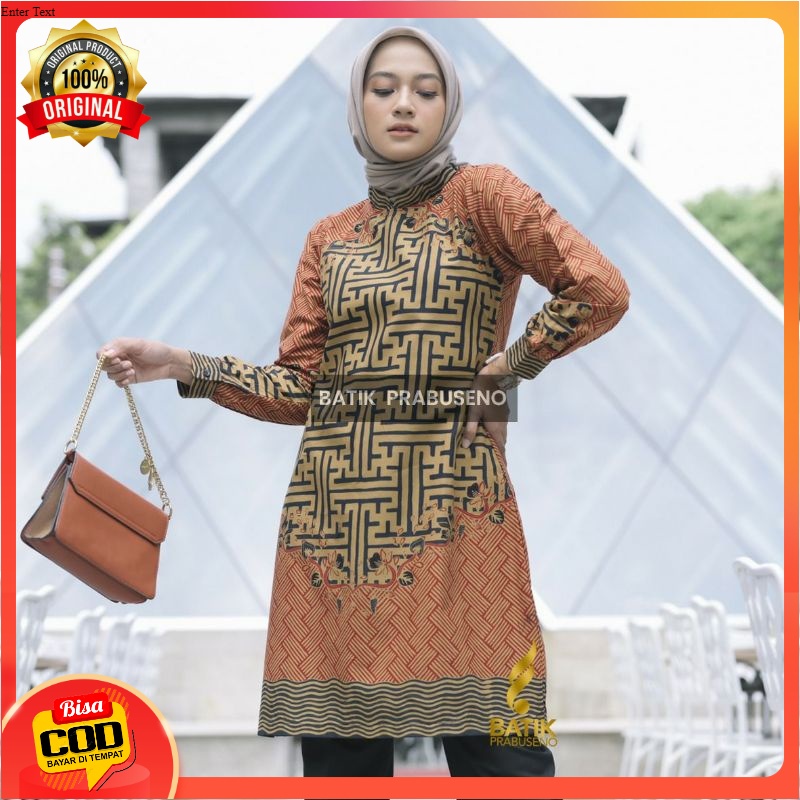 TUNIK MELANI ATASAN BATIK WANITA LENGAN PANJANG KATUN PRINTING MOTIF BATIK PRABUSENO ORIGINAL BATIK 
