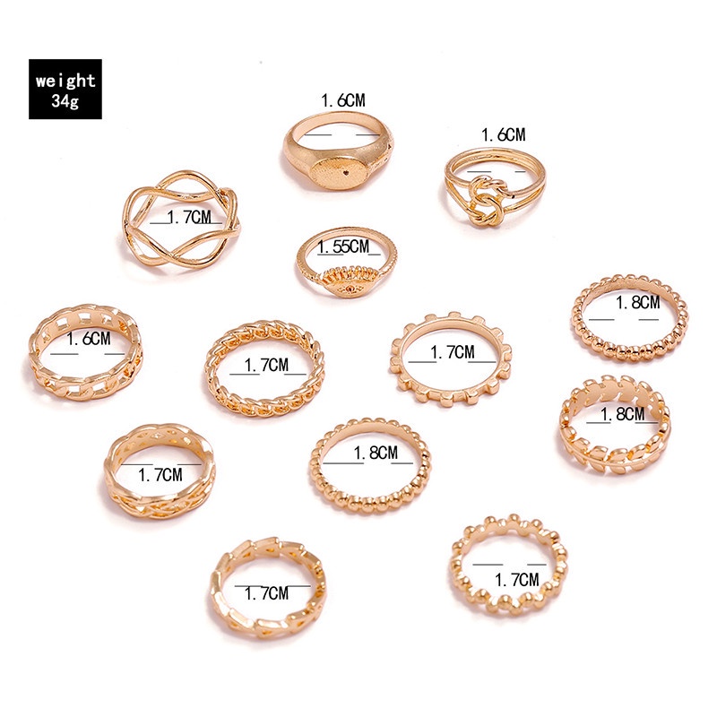 13pcs / Set Cincin Rantai Segel Bentuk Geometrik Daun Mata Iblis 8 Karakter Untuk Wanita