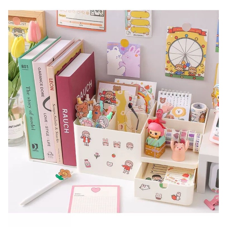 [littlecrab] Tempat Pena With Additional Rak Buku Aesthetic Room Desk Organizer Dengan Laci 5 Sekat Tempat Penyimpanan Pena Buku Stationary Kit Lengkap Adjustable