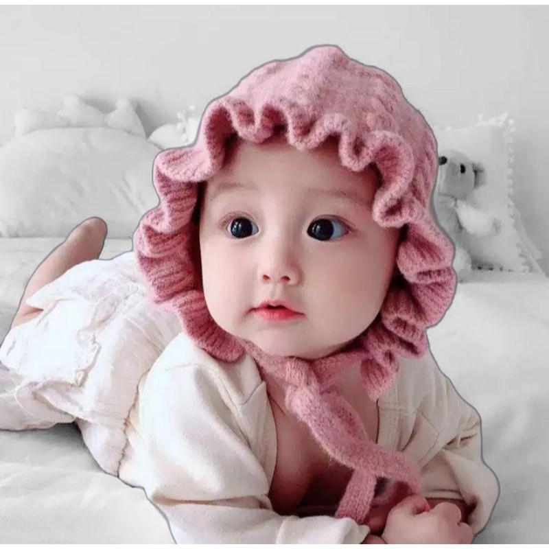 Kupluk Bayi Renda Ada Tali / Kupluk Rajut Bayi / Kupluk Rajut Usia 0-3 tahun