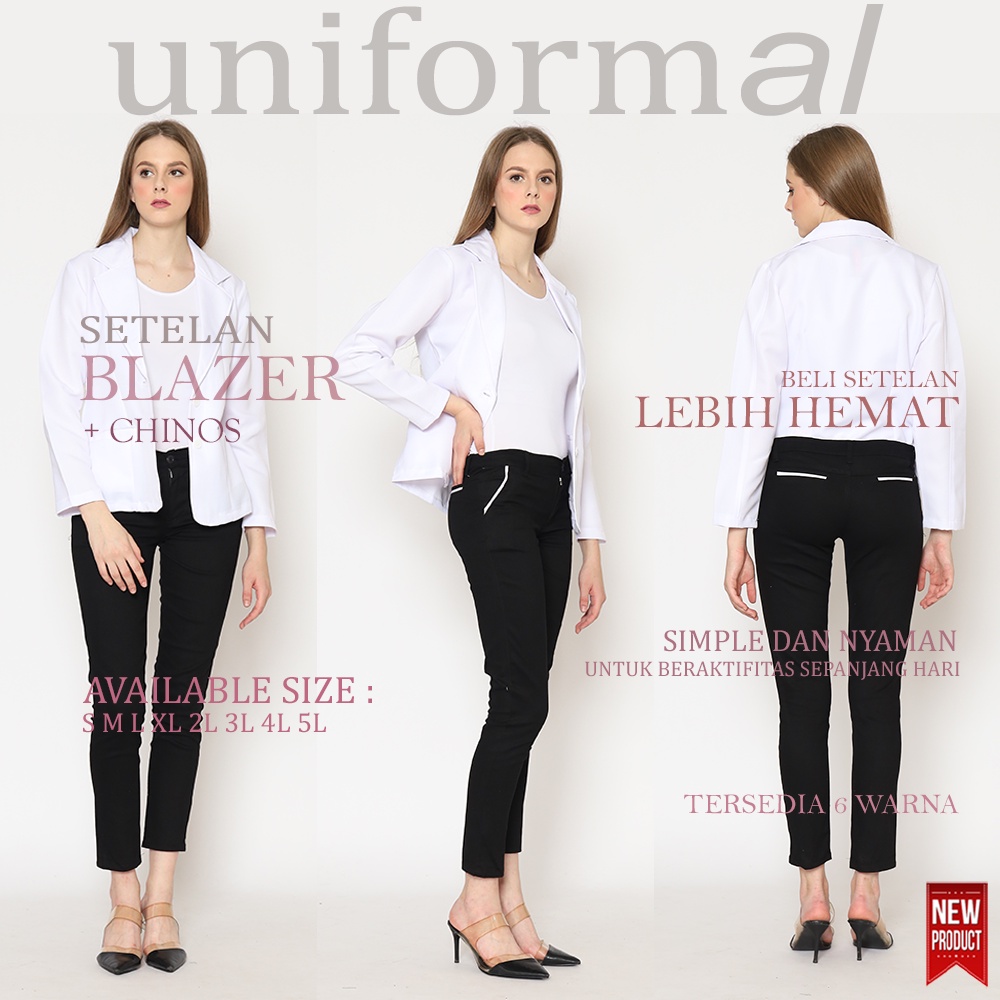 Setelan Blazer Panjang Dan Celana Chino Wanita, Stelan Jas Satu Setel Clana Chinos Cewek Perempuan Stretch Katun Twill Skiny Melar Formal Korea Terbaru Trendy Terbaik Premium