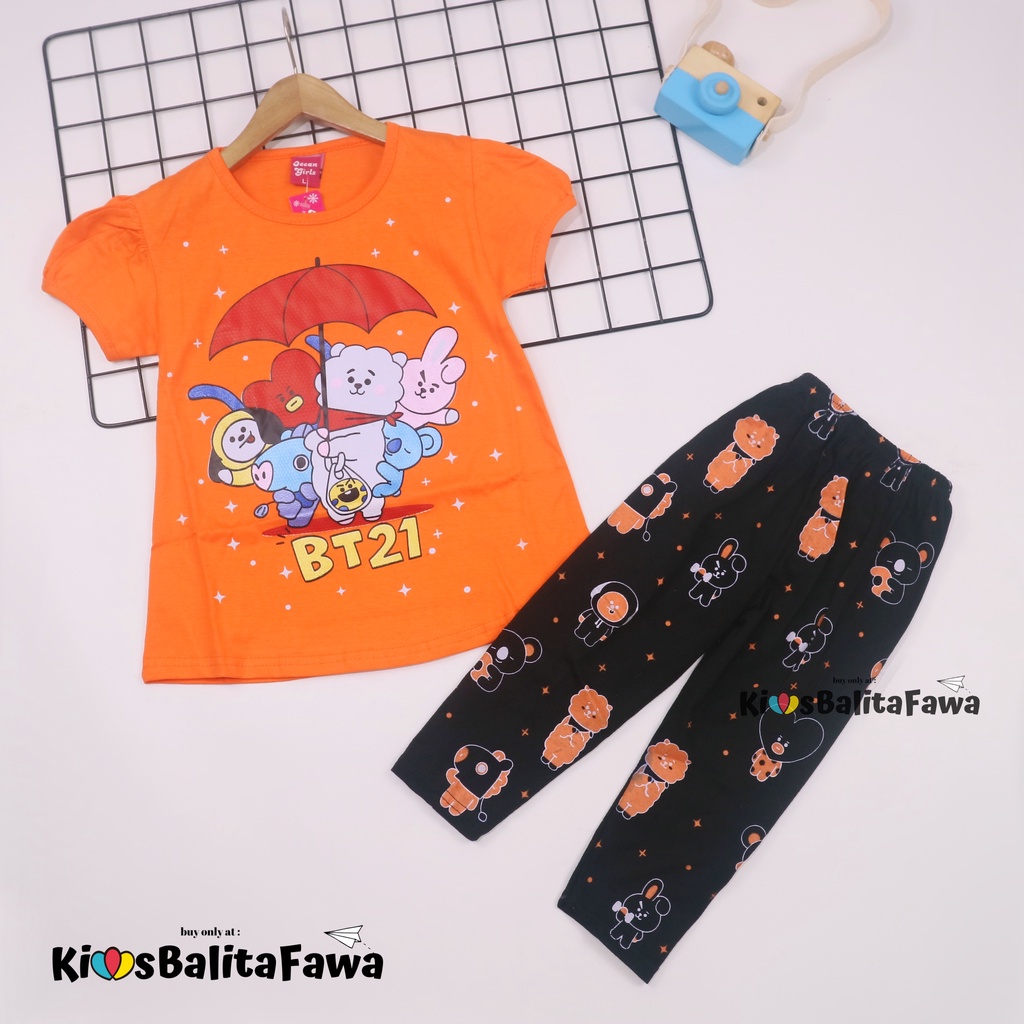 Setelan Plufy Kids Uk 2-6 Tahun / Baju Anak Perempuan Set Kids Legging Kaos Karakter Celana Panjang