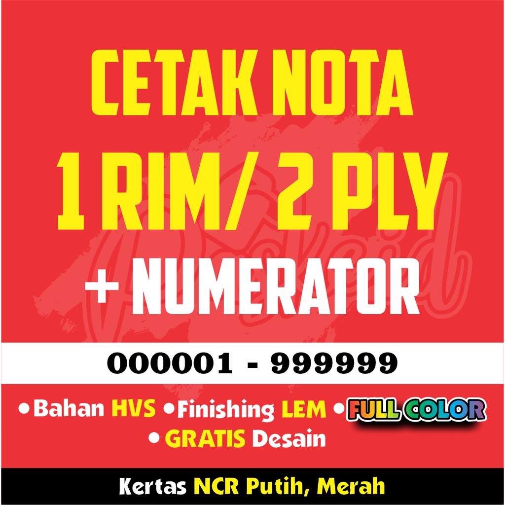 

1 RIM / 2 PLY CETAK NOTA/ Kwitansi/ Surat Jalan/ Bon/ Invoice/ Lainnya, Bahan NCR CARBON, FULL COLOR, NUMERATOR, PORPORASI