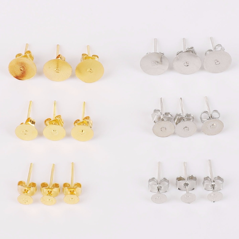 100pcs Anting Tusuk Bulat Kosong Bahan Rhodium Warna Gold / Silver Ukuran 4mm / 6mm / 8mm