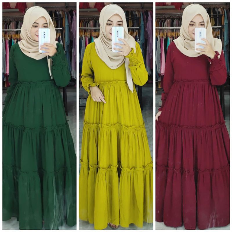 Gamis Polos Ceruty Babydoll Premium Canda Susun Dress Umpak Mewah Ori By Frilla Collection