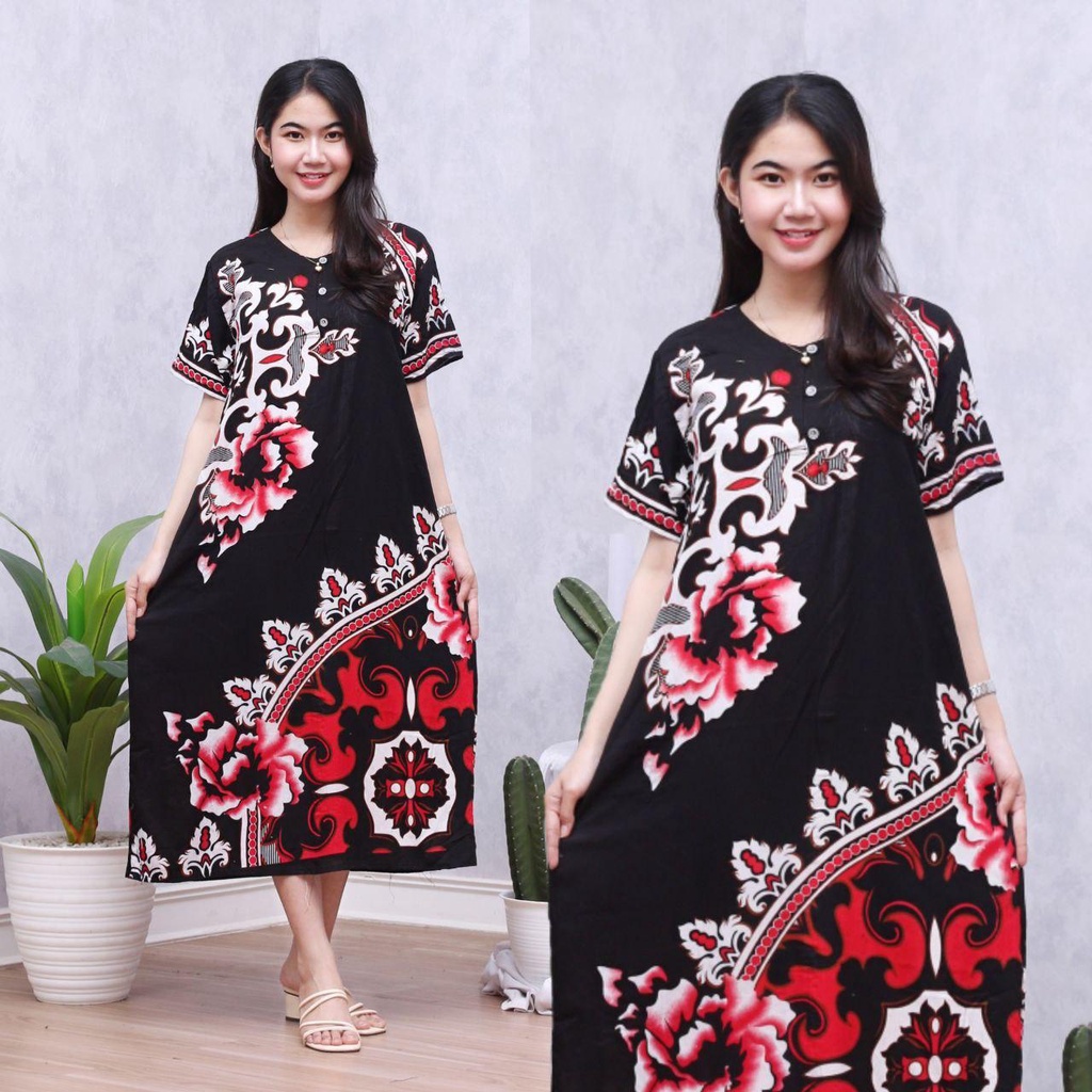 Daster Batik Lengan Pendek - Motif Daun - Leher Kancing (DPT001-133) Batik Prass-STELLA MERAH