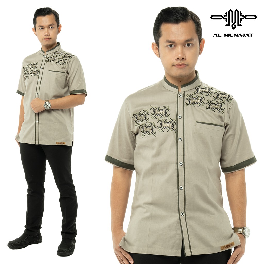 Baju Koko Modern Al Munajat Lengan Pendek Pria Bordir Model Yama - Chino Green / Hijau Muda 1103