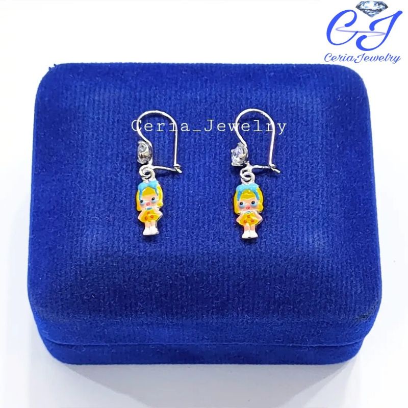 Anting Anak Perak Asli Silver Wanita 925 Lapis Emas Putih Model Karakter LOL Kramik Warna, - Perhiasan Perak Anak Asli
