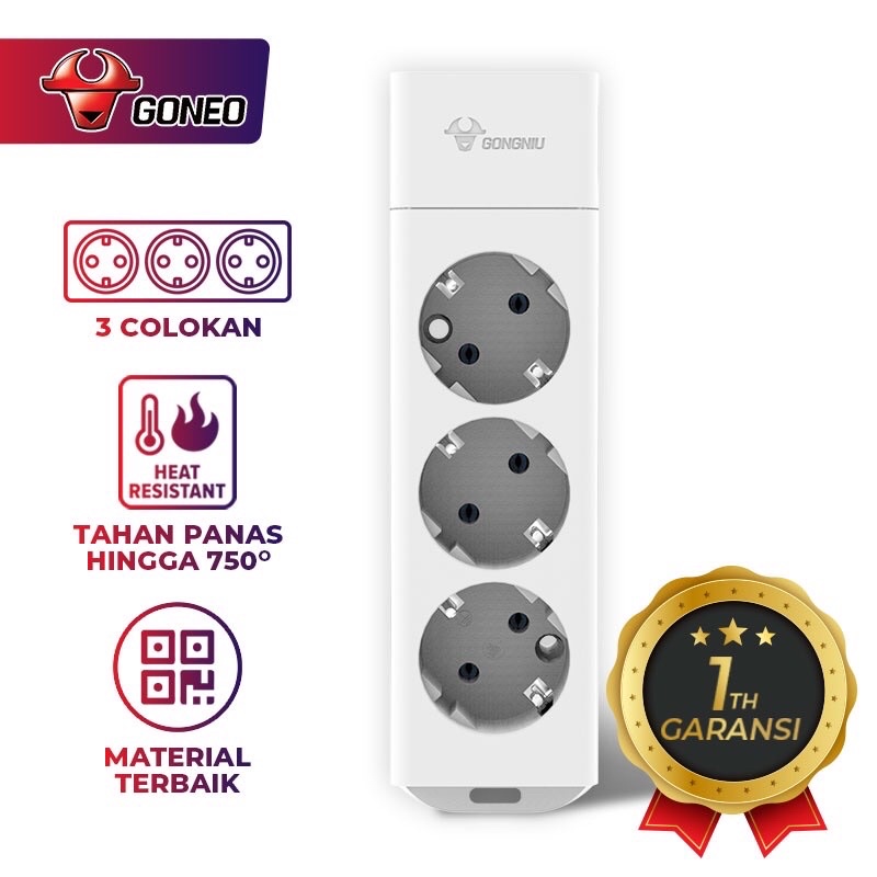 GONEO G103 Stop Kontak 3 Lubang Colokan Tanpa Kabel Power Strip Gongniu Tahan Panas - Garansi 1 Tahun