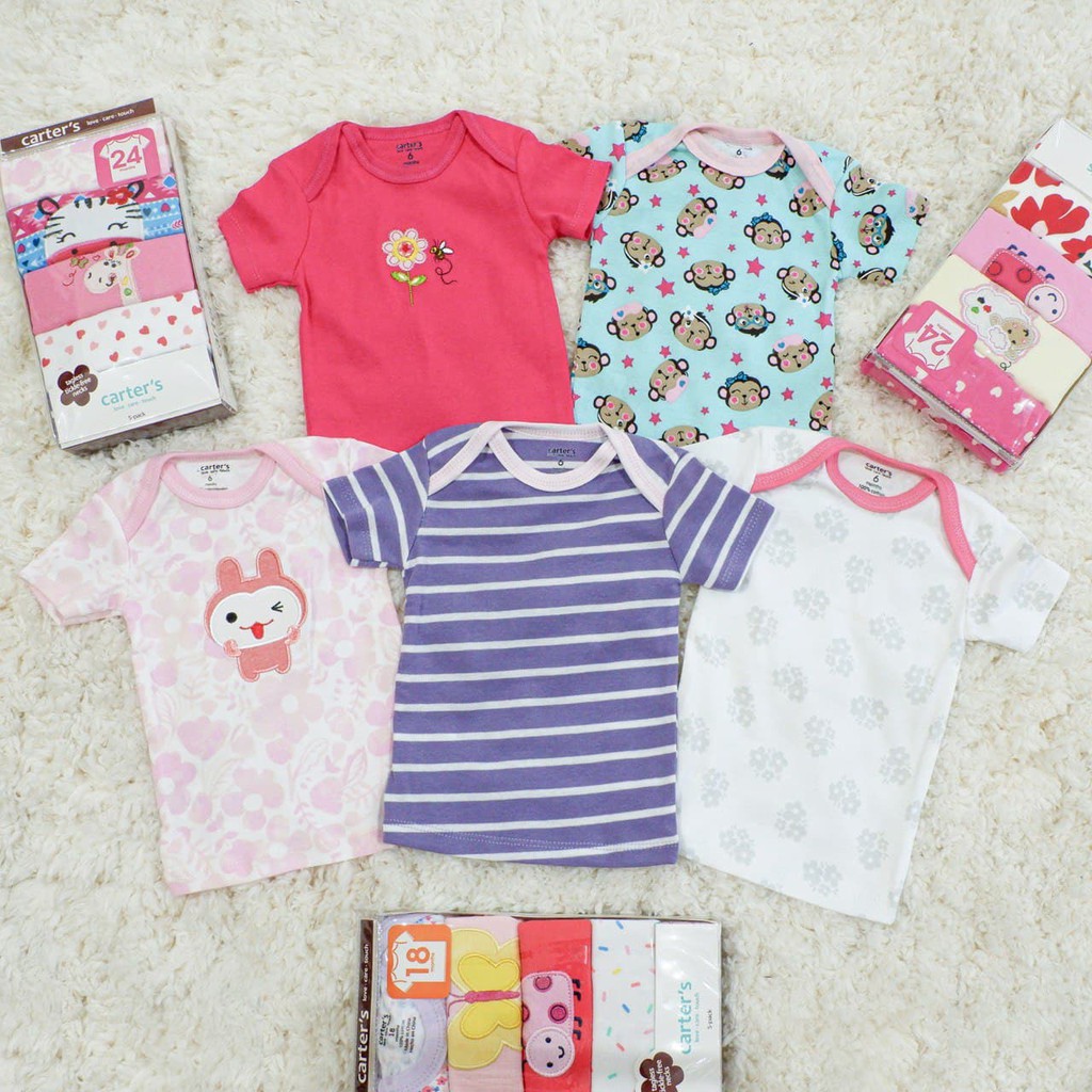 LIN9008 Boys/ Girls CARTER'S 5 in 1 Atasan Bayi Lengan Pendek Premium Cotton Baju Kaos Bayi Piyam...