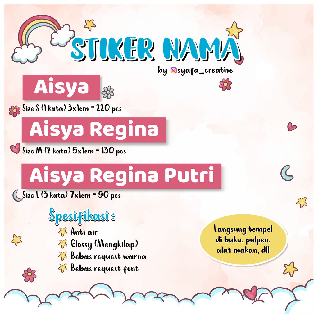 

STIKER NAMA/ STIKER BUKU/ STIKER ANAK/ STIKER ANTI AIR/ STIKER WATERPROOF/ STIKER LABEL BARANG