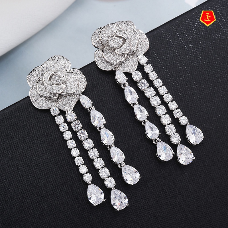 [Ready Stock]Long Camellia Tassel Earrings Fashion