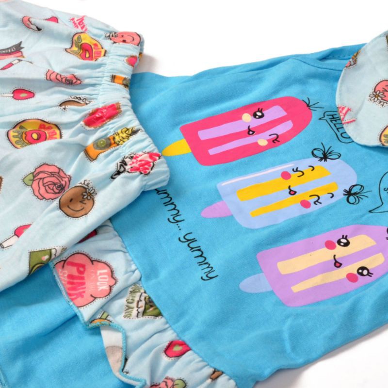 SETELAN FASHION BAJU ANAK PEREMPUAN 1-2 TAHUN ICE CREAM YUMMY LEKBONG CELANA PENDEK FREE BANDANA