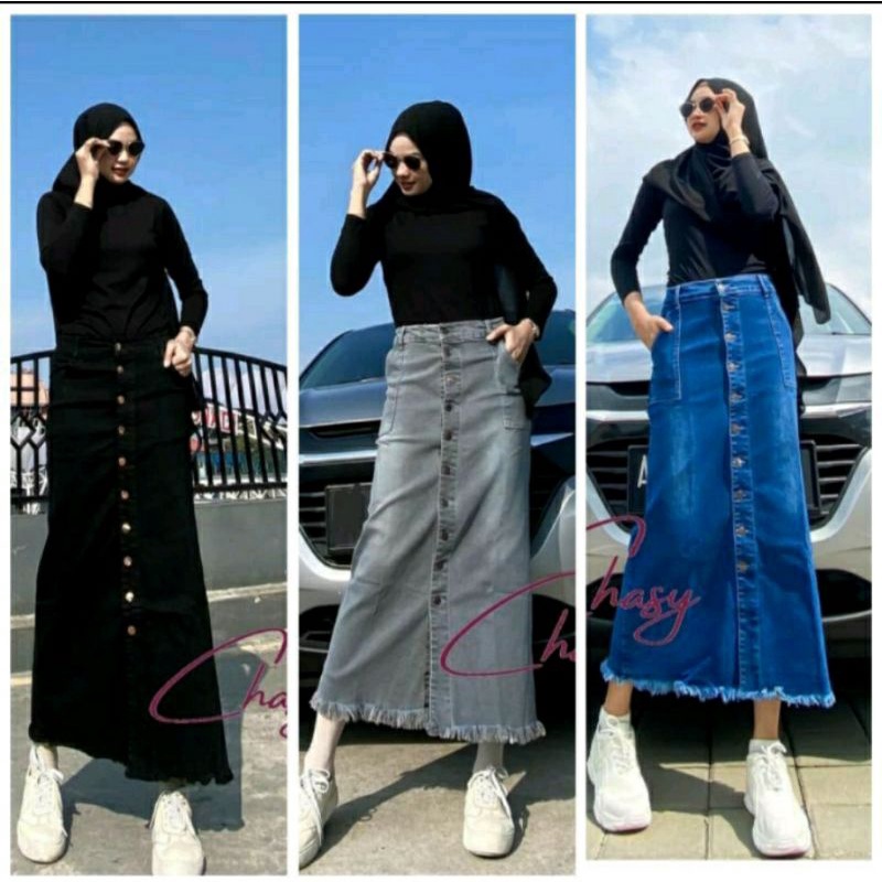 ROK JEANS PANJANG GISKA KANCING DEPAN - ROK JEANS WANITA KANCING PREMIUM - ROK JEANS KEKINIAN