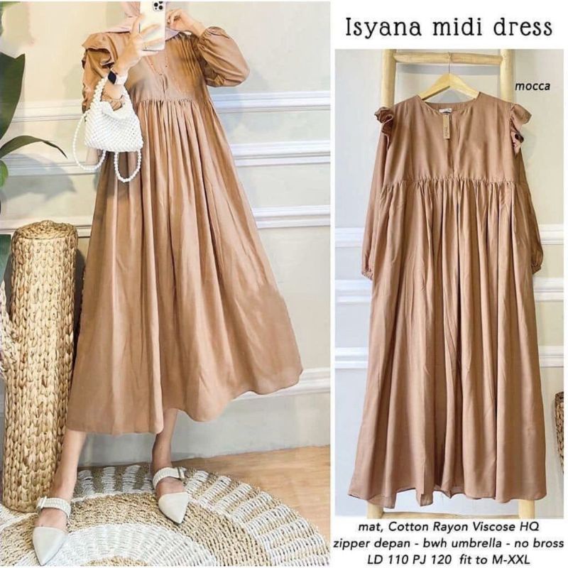 Dress Midi Rayon Premium Fashion Wanita Isyana Midi Dress Fashion Murah