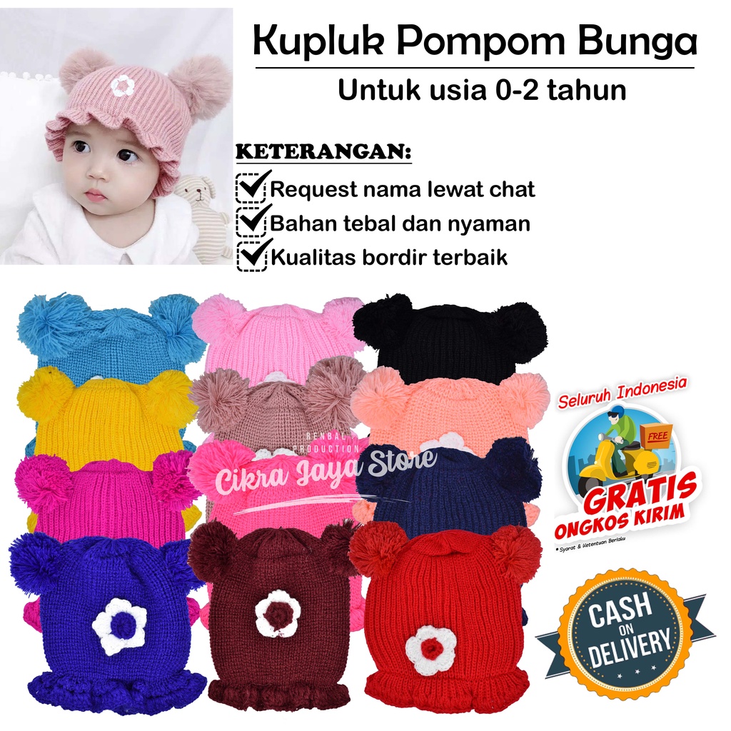 Kupluk Pom Bayi pom Bunga Bayi 0-2 Tahun Gratis Bordir Nama 1 Hari Jadi Pom