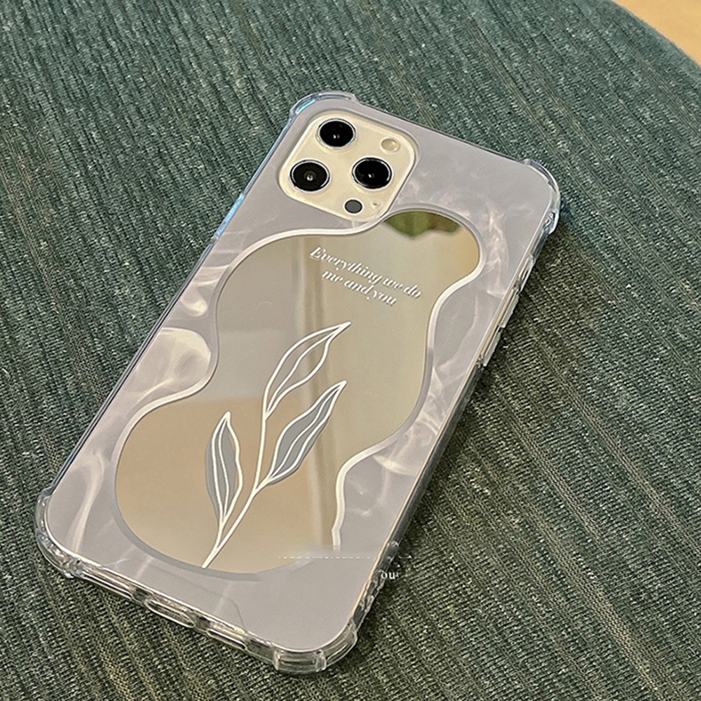 Soft Case TPU Motif Daun lette Dengan Cermin Makeup Cover IPhone Xr 7Plus 8Plus X XS 14 13 11 12pro Max Bumper Flexible