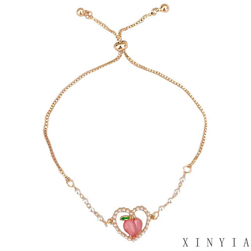 【Bayar di tempat】Gelang Tangan Rantai Wanita Desain Hati Hollow Hias Mutiara Warna Pink Peach Gaya Korea