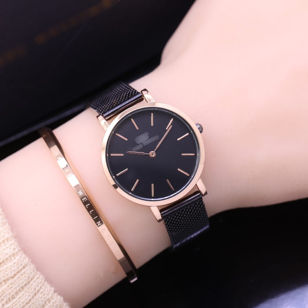 JAM TANGAN WANITA DW PETITE PASIR RANTAI STAINLESS PAKET FREE GELANG DIAMETER 3,6 CM || JAM TANGAN F