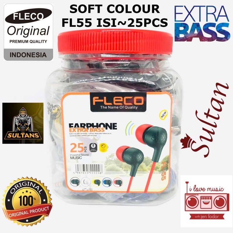 PERTOPLES ISI 25PCS HANDSFREE FLECO FL-55/PM03 EARPHONE EXTRA BASS PERTOPLES FL55 SOFT COLOUR PROMO SEN