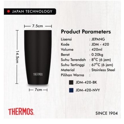 Thermos Vacuum Insulated Tumbler Glass Gelas Tahan Panas Dingin 420ml JDM-420-BK ORI