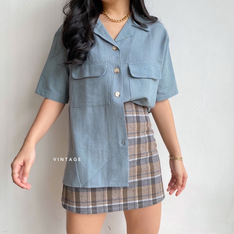 KEMEJA WANITA CASUAL POCKET TOP KEMEJA WANITA POLOS BASIC MURAH-Blue