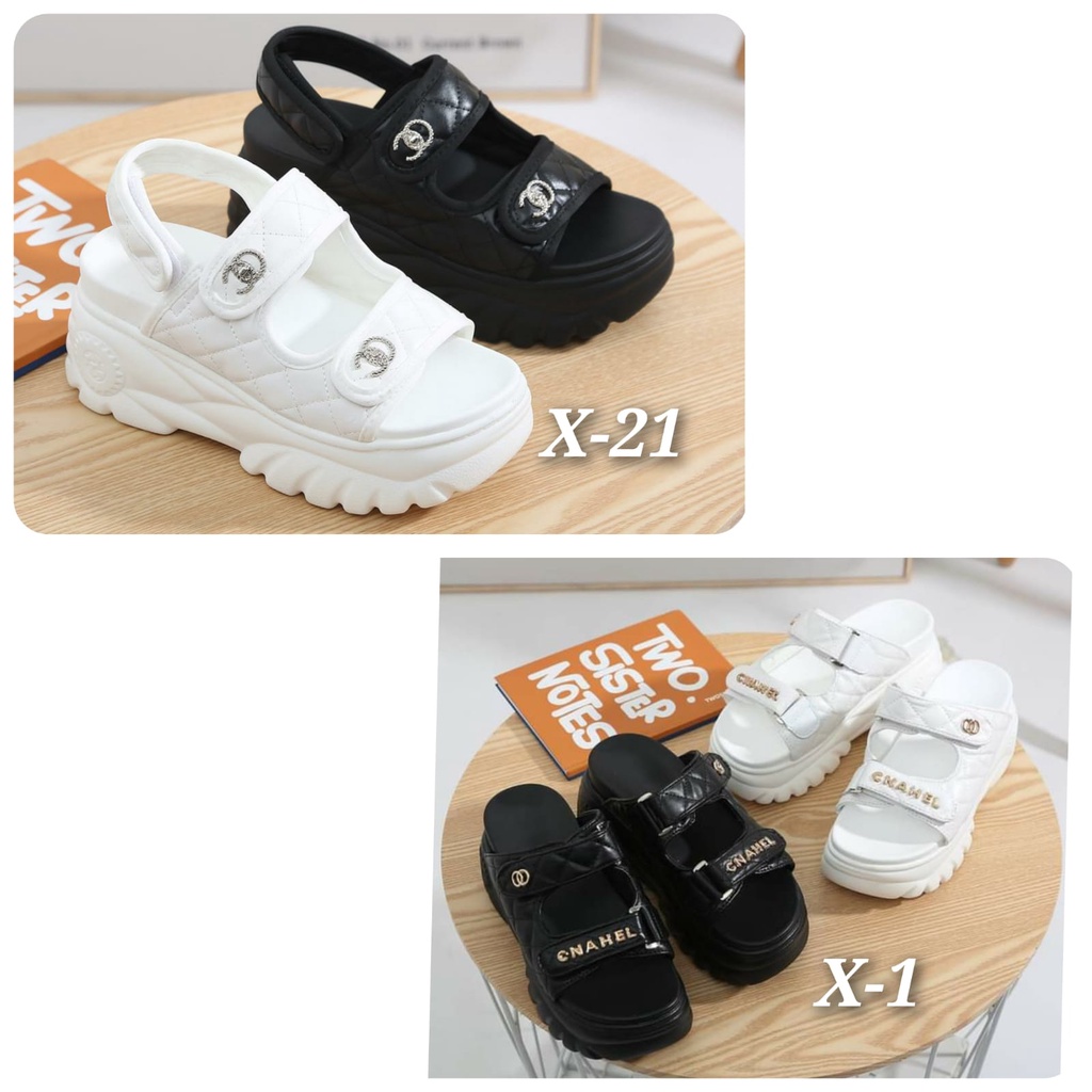 NEW ARRIVAL SEPATU WANITA WEDGES IMPORT KULIT CNAHEL TERMURAH KODE  X-1(SLOP) X-21(TALI BLKG)