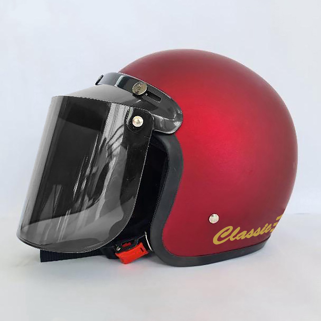 HELM BOGO DEWASA CLASIC GARIS DEWASA POLOS GARIS KACA FLAT DATAR DAN KACA CEMBUNG-merah doff