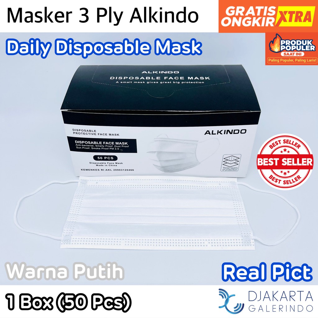 Masker 3Ply Earloop Alkindo Mouson Earloop Original  - isi 50 Pcs