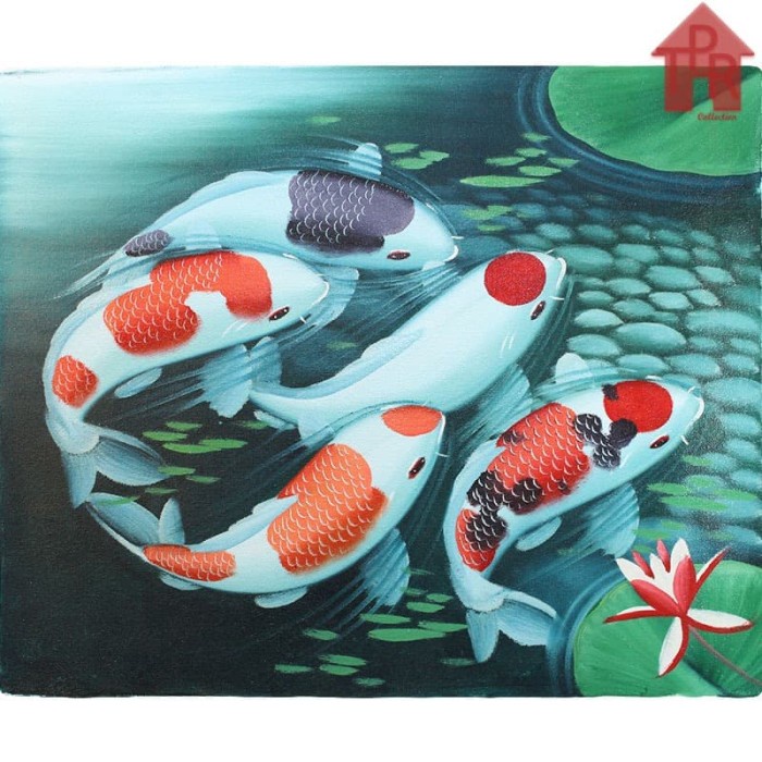 Lukisan Asli - Ikan Koi 5 Ekor Fengshui 50x60cm.