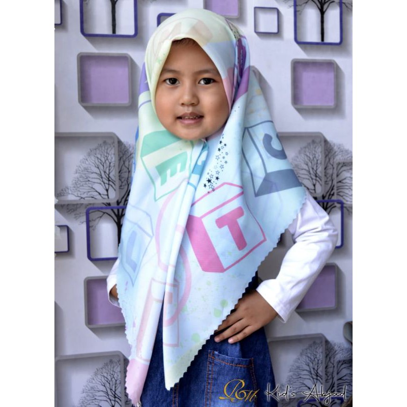 Jilbab anak Print Abjad , kerudung anak abjad , hijab anak abjad