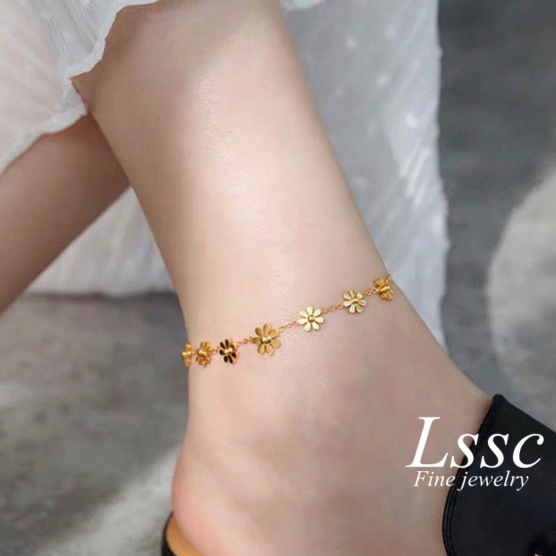 Gelang Kaki Titanium Anti Karat Daisy Bunga Kamelia Emas 18k Perhiasan Wanita Korea