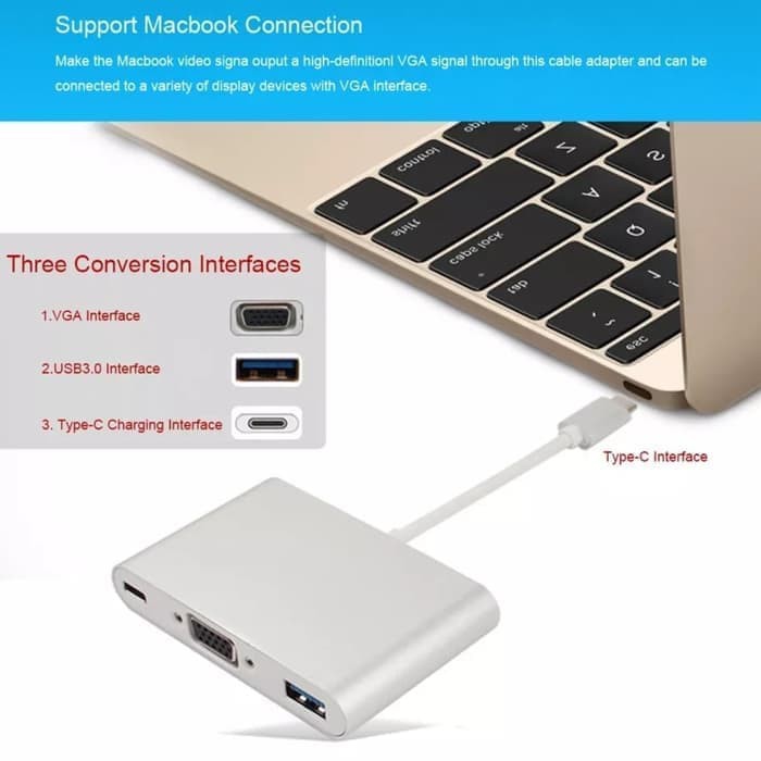 Kabel Converter USB 3.1 Type-C to 3 in 1 VGA Adapter + USB