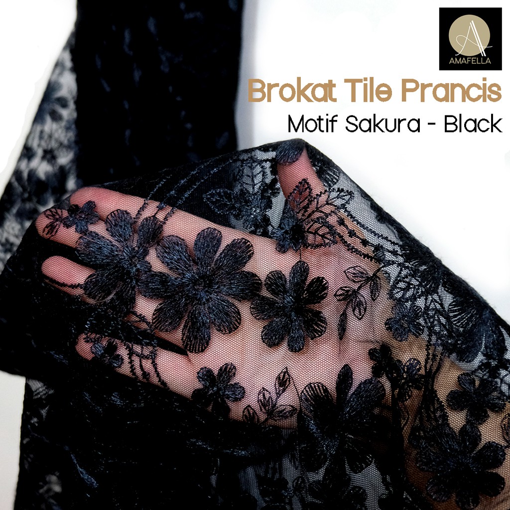 1/2 meter Kain Brokat Tile Prancis Bahan Kebaya Motif Sakura Black