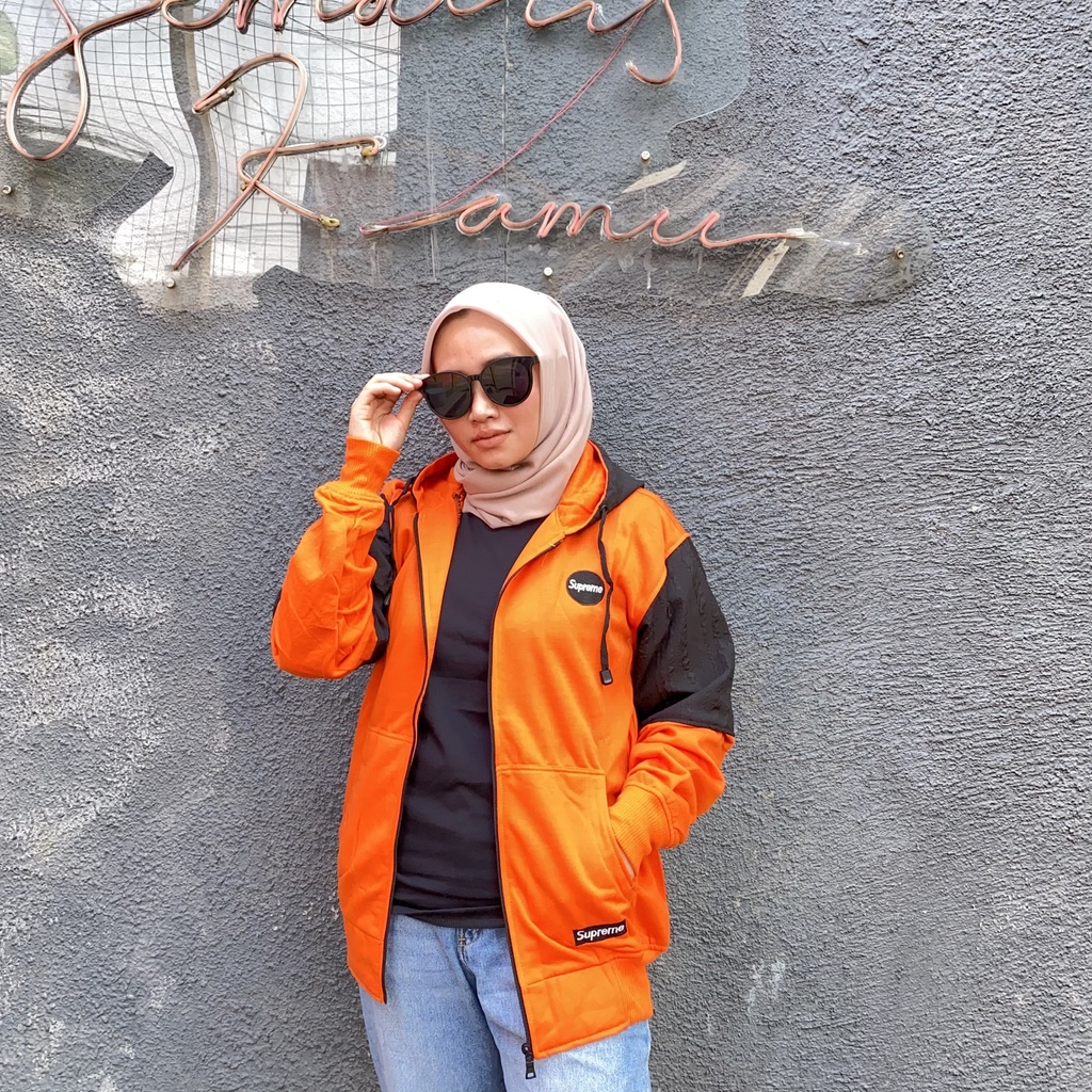 Jaket Sweater Zipper Bordir Kombinasi Qwilting ORANGE SUPRE-M