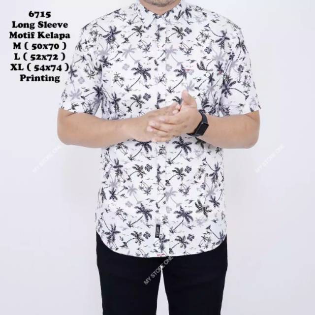 HEM printing kemeja cowok lengan pendek motif pohon kelapa kemeja distro putih baju cowok kerja