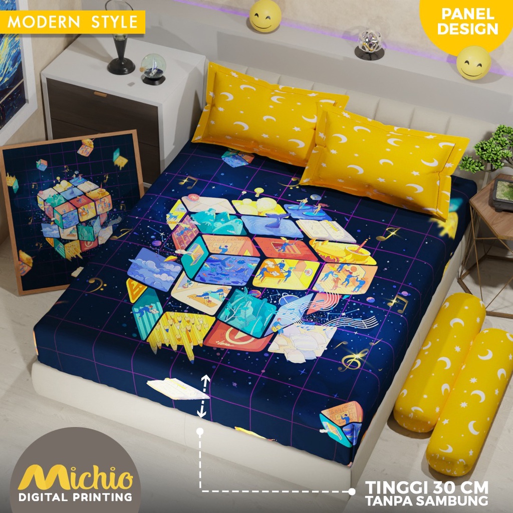 SPREI MICHIO MODERN STYLE ABSTRAK DADU MINIMALIS PANEL 180X200X30, 160X200X30, 120X200X30