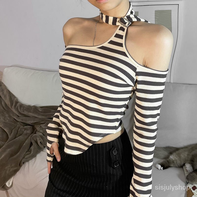 #Sisjuly# Wanita Retro Striped Splicing Fashion Atasan Pendek Wanita Off Shoulder Halter Kaos Rampin