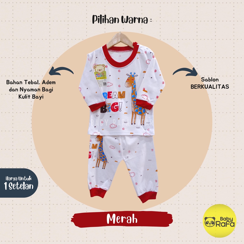 Setelan Piyama Baju Bayi Panjang 3 - 18 Bulan merk Bolo - Bolo SNI motif DREAM BIG JERAPAH