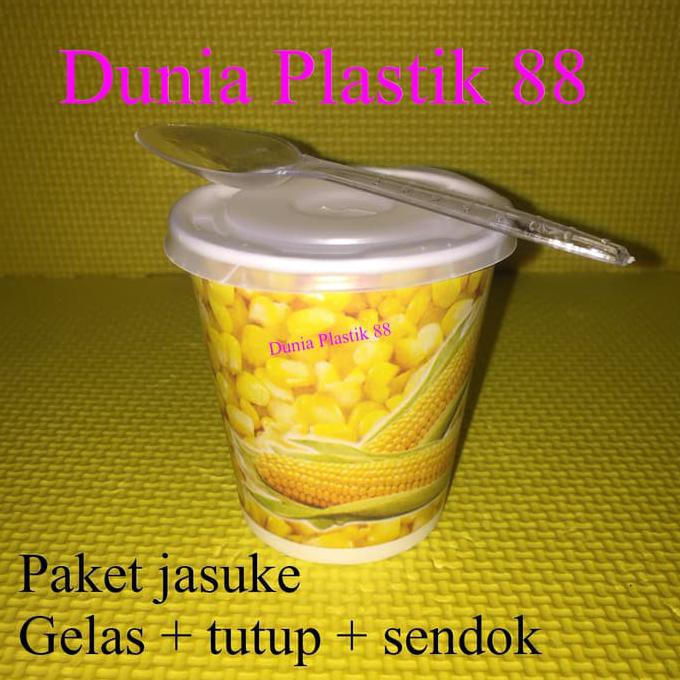 Alwan634- @50Set Paket Jasuke Gelas Kertas Paper Cup 6,5Oz+ Tutup +Sendok Jagung 9785C