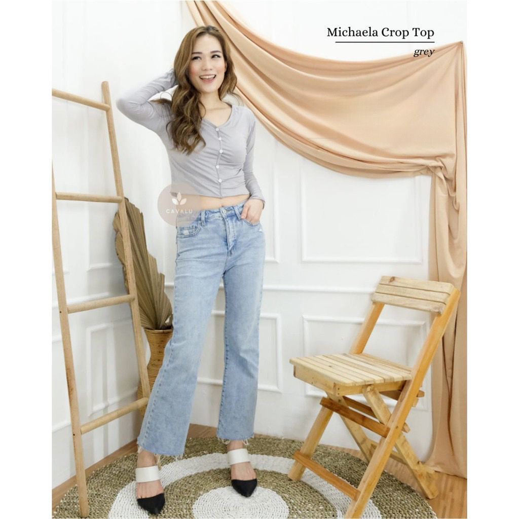 CAVALU 078 Michaela Crop Top Korean Long Sleeve Crop Top Baju Atasan Lengan Panjang Wanita