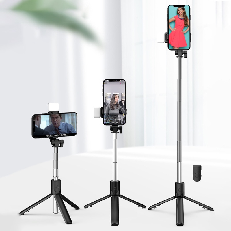 Bluetooth Selfie Stick Portabel/ Tongsis/ Tripod  Remote Control LED Lampu R1s