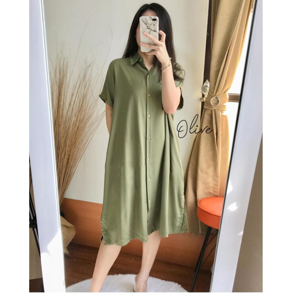 Bresya Dress Atasan Tunik Wanita Lengan Pendek Korean Style Katun Rayon Full Kancing Busui Ukuran Jumbo  L- 4XL